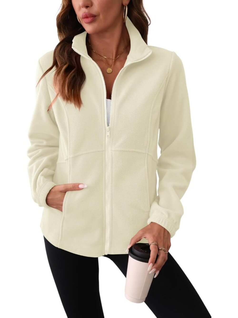 Women Beige Fleece Stand Collar Elastic Cuff Long Sleeve Zip Up Winter Jacket
